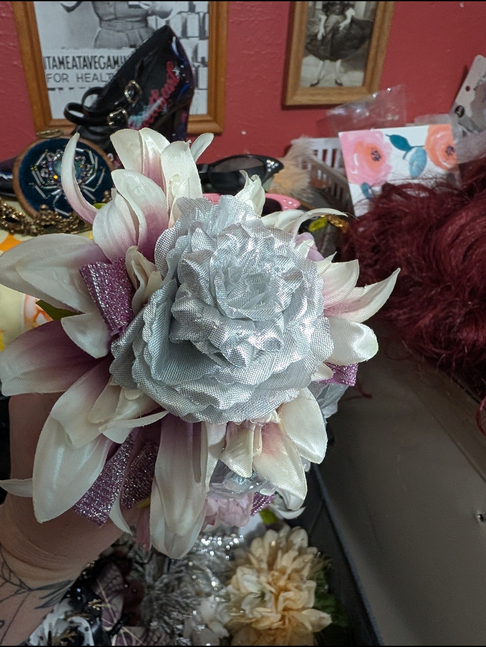 Pink & Silver Floral Hair Clips - Sparkling Petal Accents - Picture 8 of 12